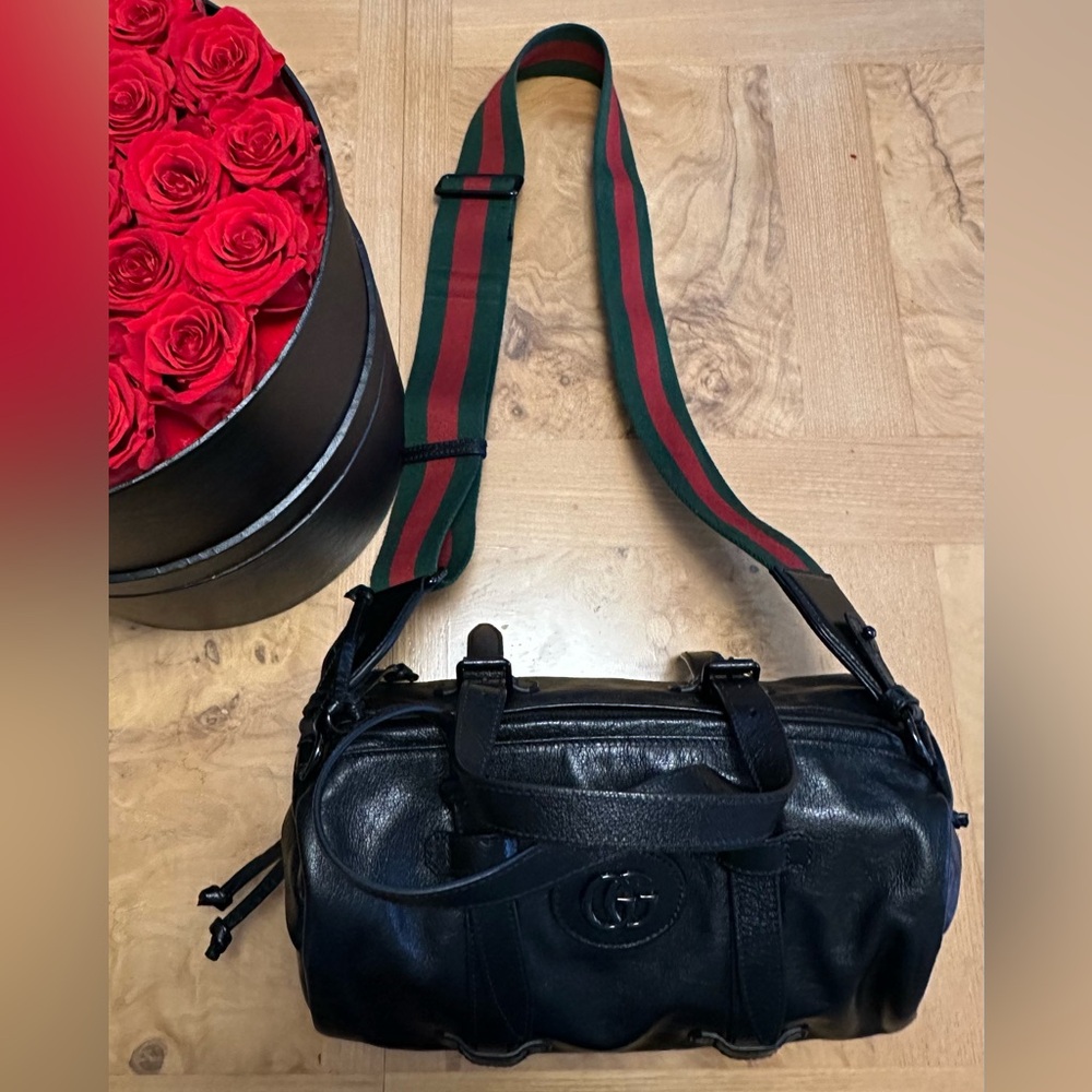 Authentic Gucci Double G Men’s Black Football Bag with Brown Monogram Interior
